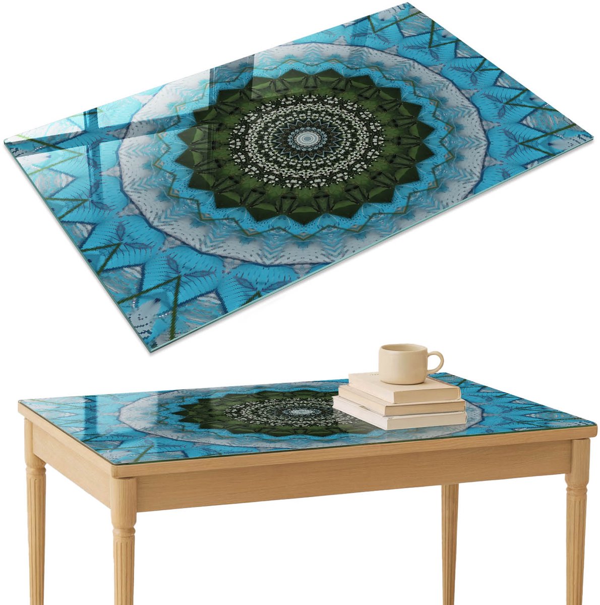 ArtPrintCave Natuurmandala Glazen Tafelblad 120x80 cm - Tafelblad Rechthoek - Blauw Bureaublad - Abstractie Eettafel Met Glasplaat