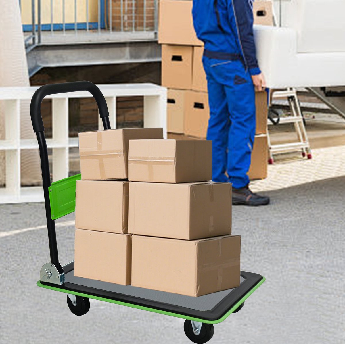 Plattenwagen Opvouwbaar - 73 x 47 x 83 cm - Staal - Groen - Voor Verplaatsen En Transport Met 4 Wielen