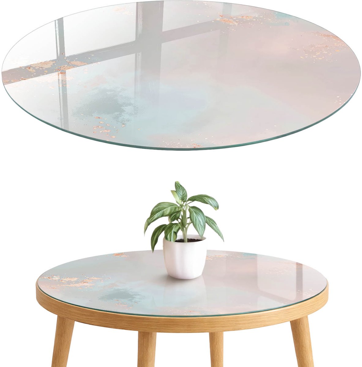 ArtPrintCave Pastel abstractie Glazen Tafelblad fi70 cm - Tafelblad Rond - Blauw Terrastafel - Abstractie Terrastafel