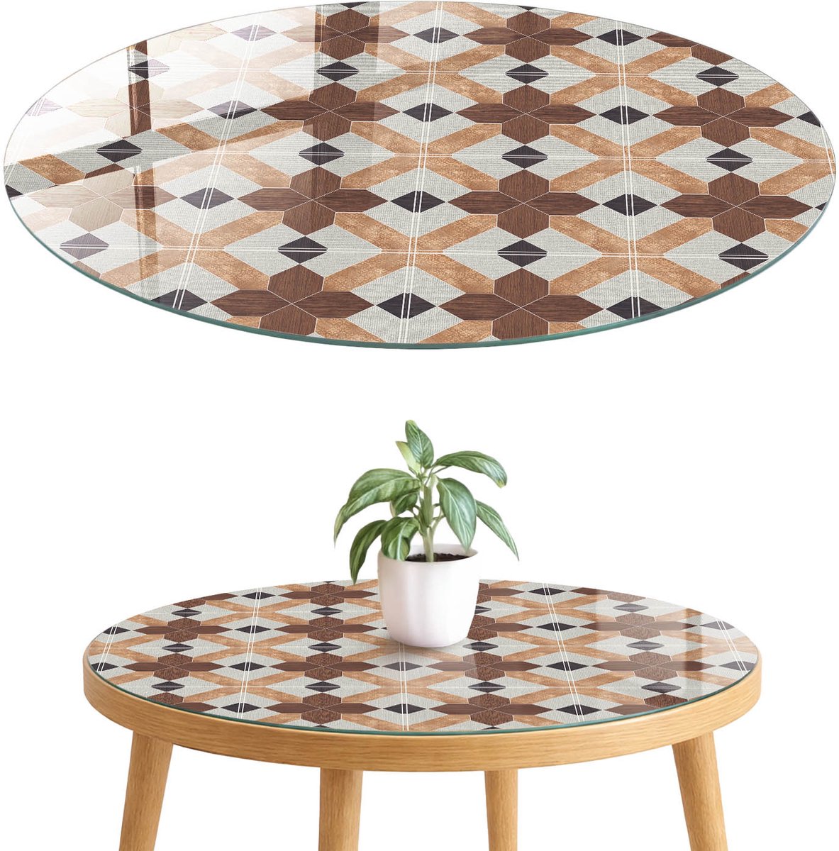 ArtPrintCave Geometrisch patroon Glazen Tafelblad fi70 cm - Tafelblad Rond - Bruin Tafelblad Glas - Achtergronden en patronen Glasplaat