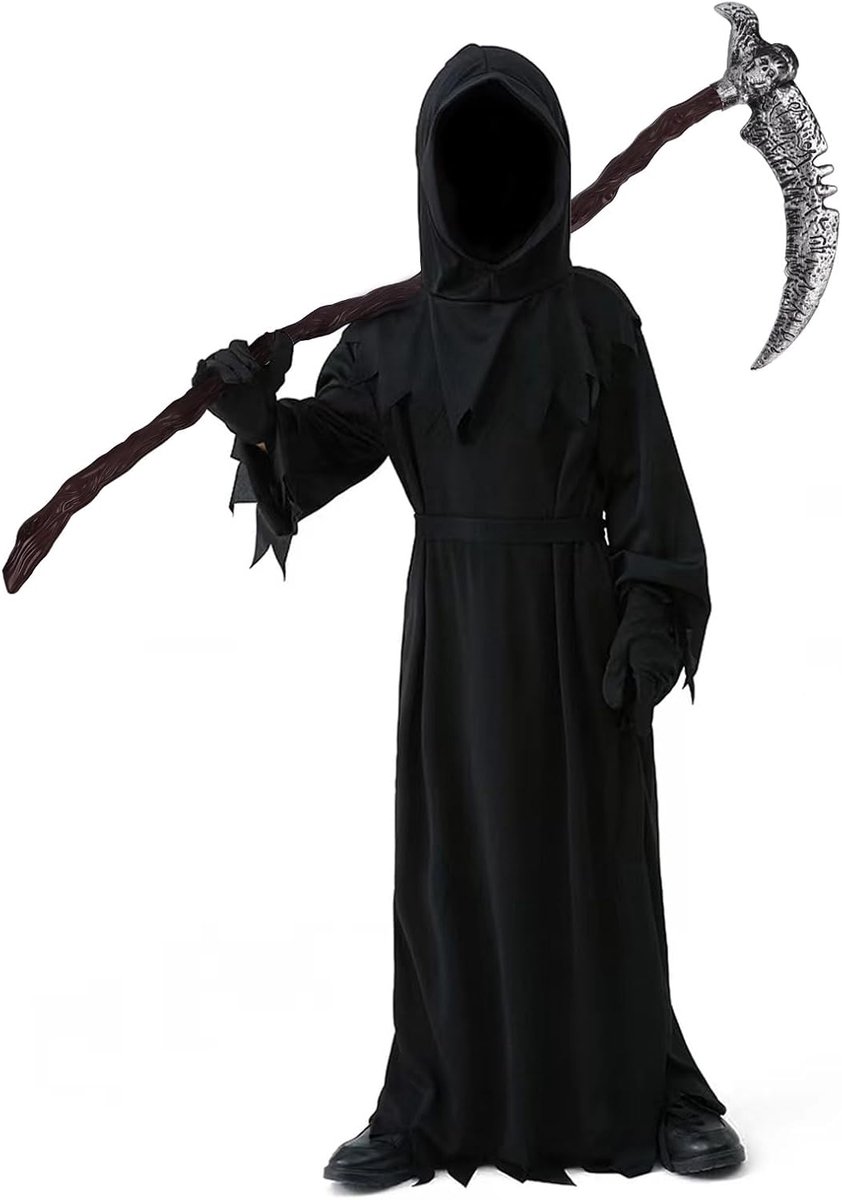Reaper Kostuum Kinderen met Zeis, Zwart Halloween Kostuum Grim Reaper Jongens Magere Hein Kostuum voor Halloween Party Carnaval Cosplay