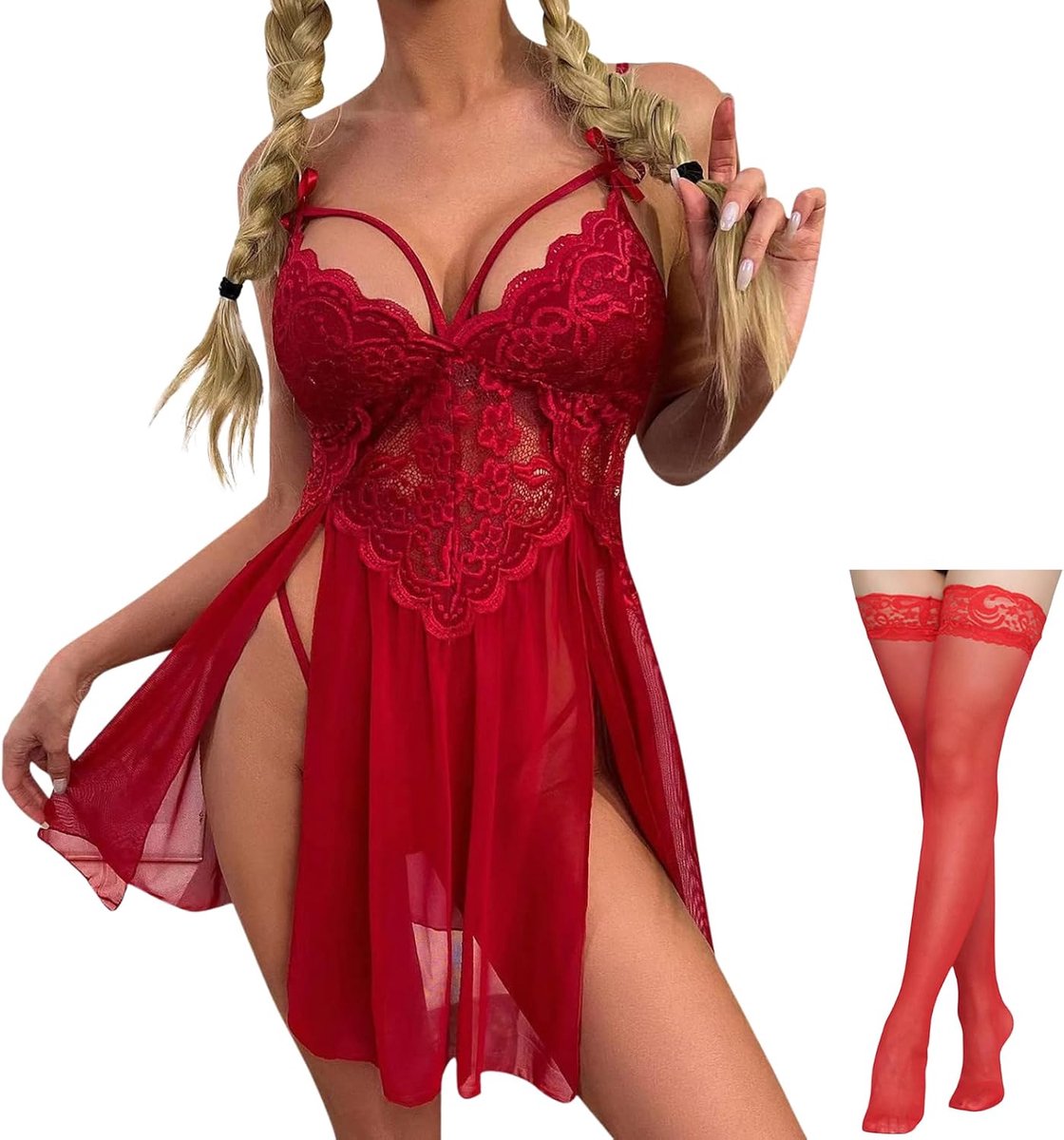 Sexy lingerie voor dames, van kant, babydoll, sexy, pyjama, V-hals, transparant, nachthemd met kousen en string