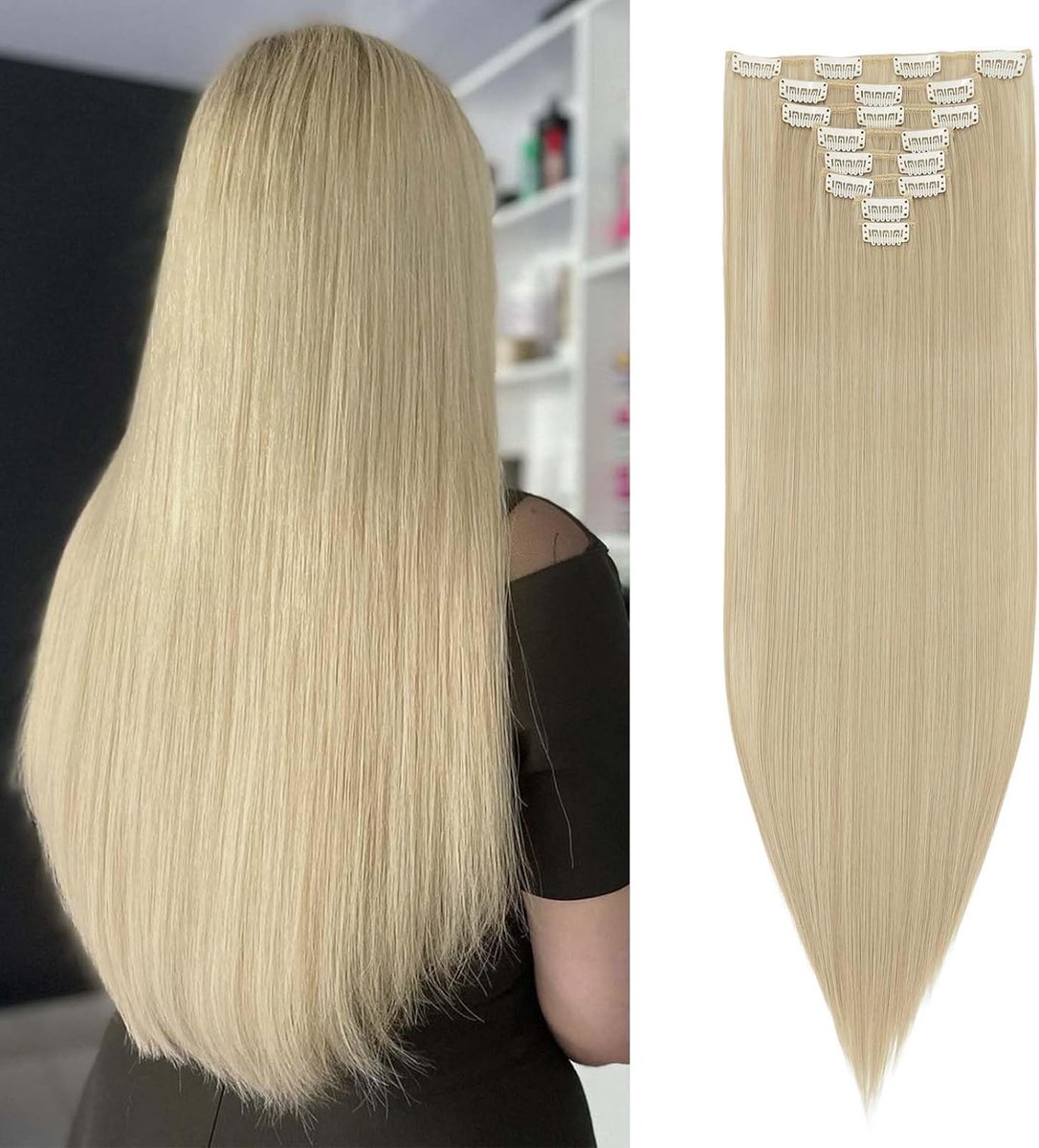 Clip In Extensions Haarverlängerung SET 8Pcs 18 Clips Volle Hoofd Als Echt Haar Glad - Synthetische Haarstuk Voor Dames 26"(66cm) Asblonde Mix Gebleekt Blond