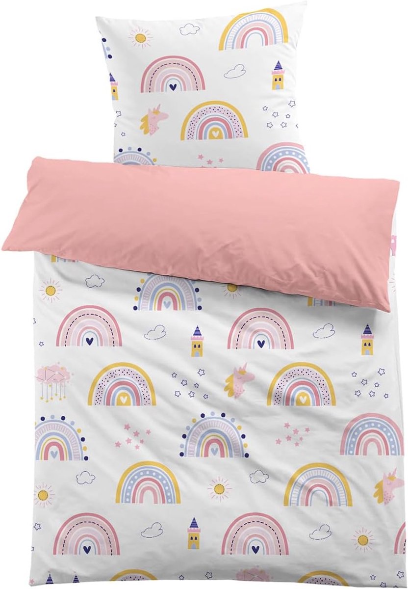 Beddengoed, 135 x 200 cm, regenboog, eenhoorn, meisjes, roze, prinses, kinderbeddengoed, microvezel, 3D-print, cartoondekbedovertrek en 1 kussensloop 80 x 80 cm, voor kinderen, cadeau,