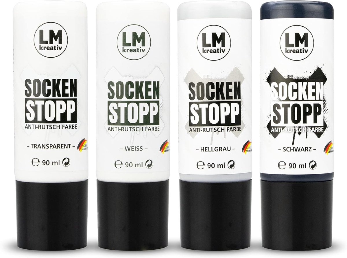 LM-Kreativ Socks Stop Anti Slip set - textielverf antislip - 4 x 90 ml - zwart wit grijs transparant