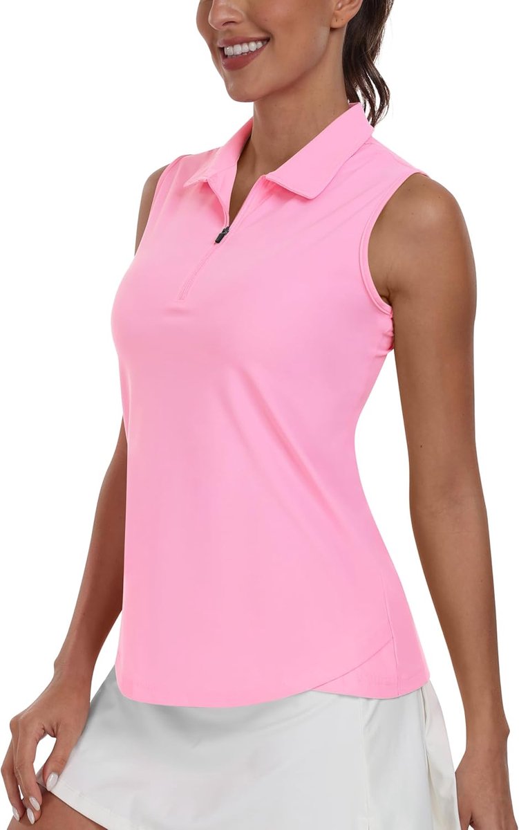 Poloshirt voor dames, mouwloos, golf-T-shirt, elegante zomershirts, hardlooptop, sport, met ritssluiting, roze-B, 3XL