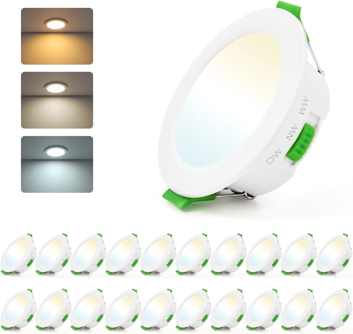 Set van 20 led-inbouwspots, 230 V, 5 W, plat, 3000 K, warmwit, 4000 K, neutraal wit, 6000 K, koudwit, 380 lm, plafondspots 65-80 mm gatgrootte, IP44 spots, inbouwlampen voor badkamer en keuken