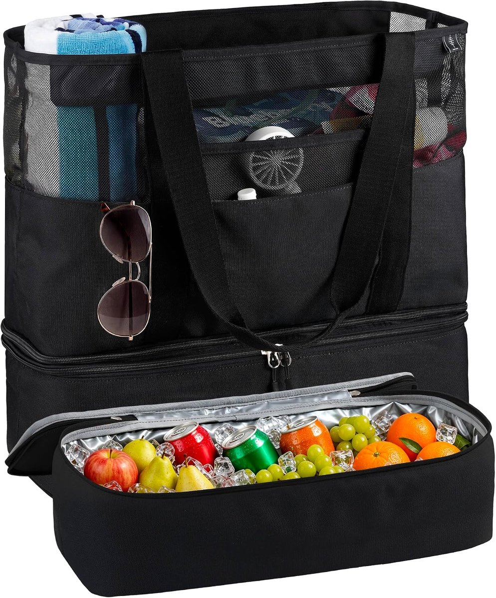 Mesh Strandtas met Koelvak - Zwart