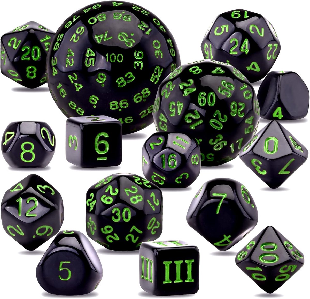 15 stuks complete polyhedrale dobbelstenen set D3-D100 game dobbelstenen set met een lederen opbergtas met trekkoord voor rollenspeltafelspelen, zwart en groen
