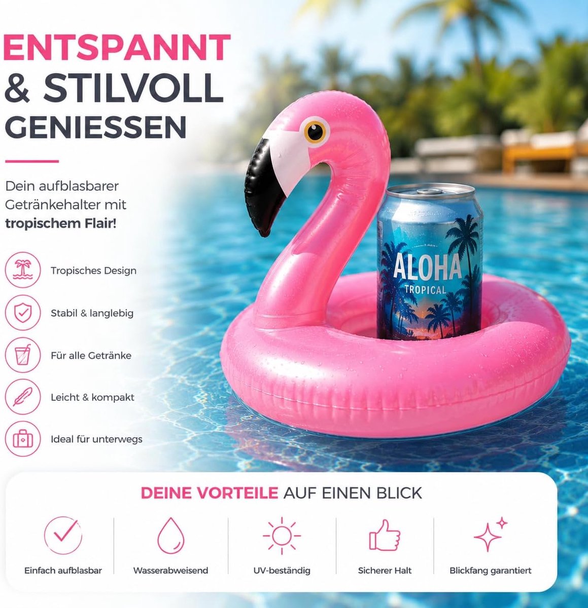 opblaasbaar, luchtmatras, zwemring, zwemring voor zwembad, cocktailhouder, bierhouder, beker, blikhouder, bekerhouder, bekerhouder bier (flamingo roze)