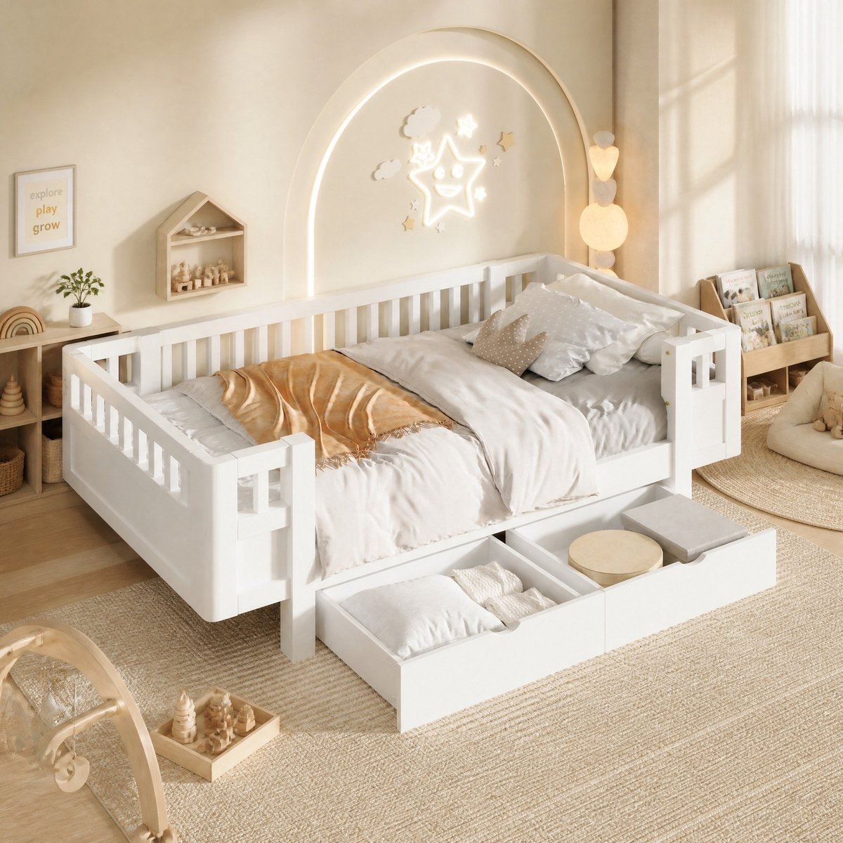 MIVRAY Kinderbed 90x200cm - Bedframe Met Hoge Uitvalbeveiliging En 2 Lades - Opbergruimte Voor Kinderkamer - Hout MDF - Wit