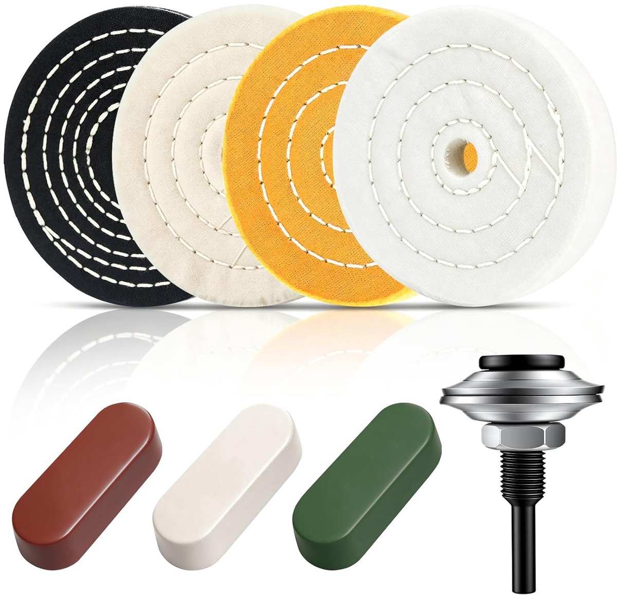 100 mm polijstschijven, 8-delige set met 4 schuurschijven (wit/geel katoen, flanel, denim), 3 polijstpasta en adapter, 1/2 inch (12,7 mm) boring, voor schuurbank, boormachine en accuschroevendraaier