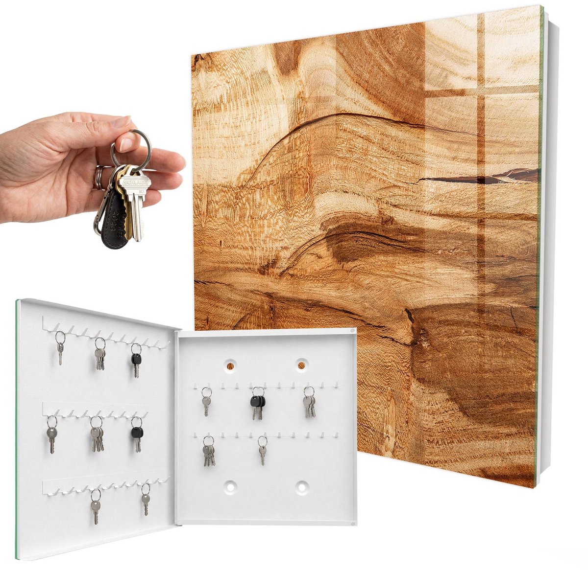 WallMuralia - Sleutelkast - 30x30x5 cm - met 50 haken - Houtstructuur Sleutelkastje - Bruin Sleutelbox - Linksopenend - Wit interieur