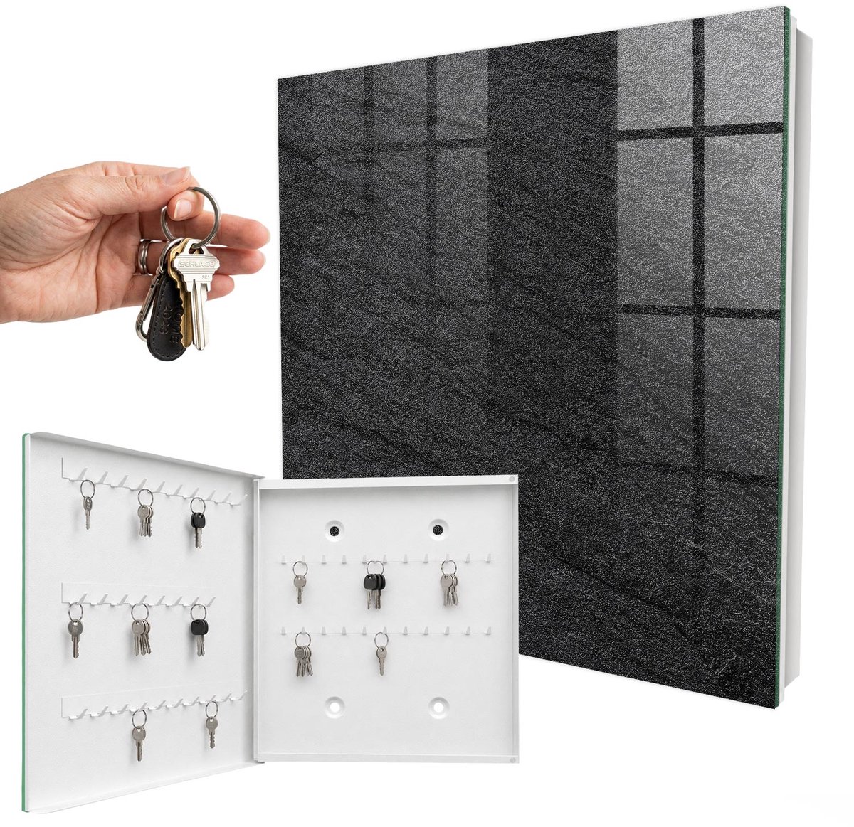 WallMuralia - Sleutelkast - 30x30x5 cm - met 50 haken - Grijze Steen Sleutelkastje Huis - Zwart Sleutelbox - Linksopenend - Wit interieur