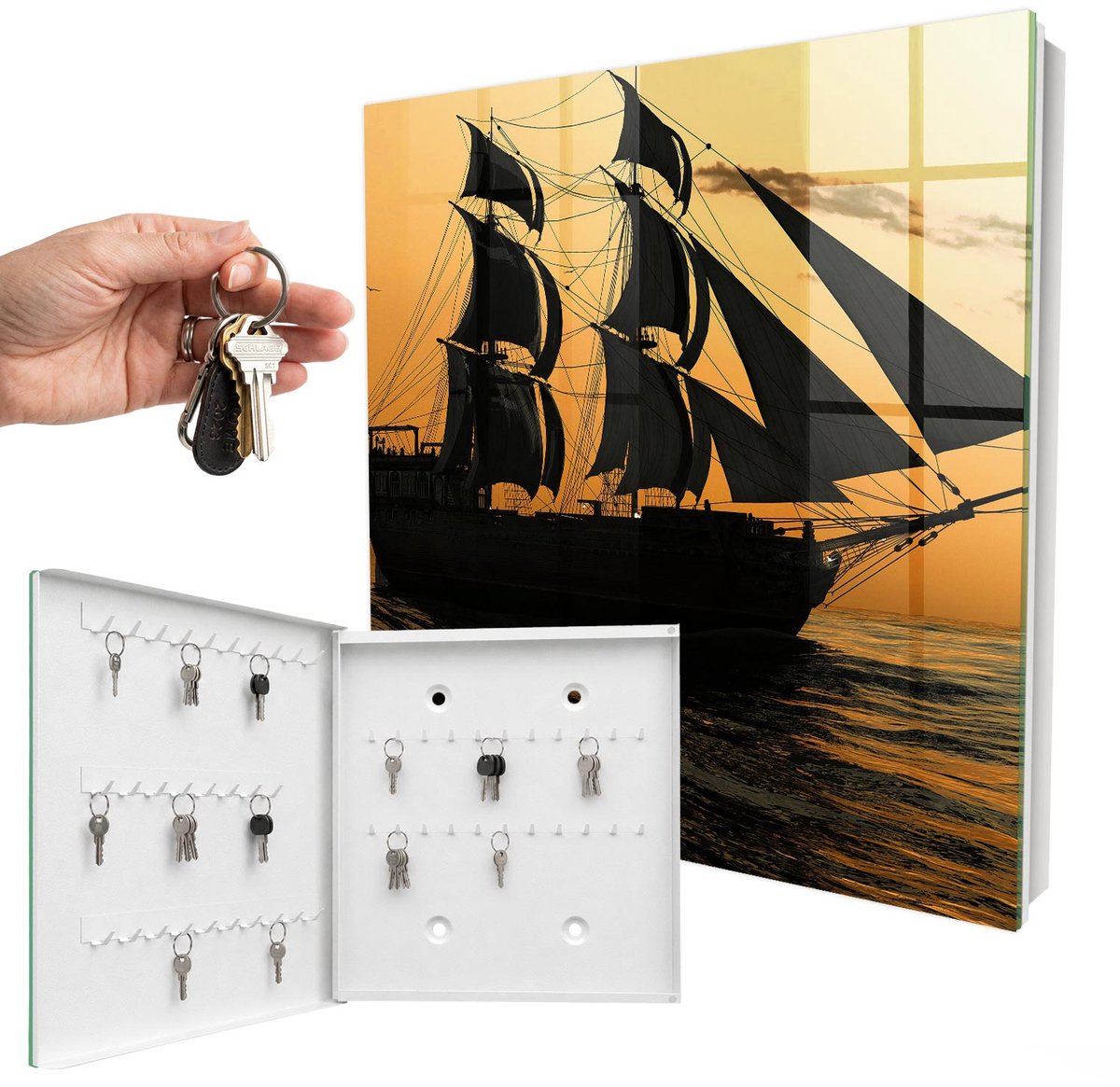 WallMuralia - Sleutelkast - 30x30x5 cm - met 50 haken - Zeeavontuur Sleutelkastje Landelijk - Oranje Sleutelbox - Linksopenend - Wit interieur