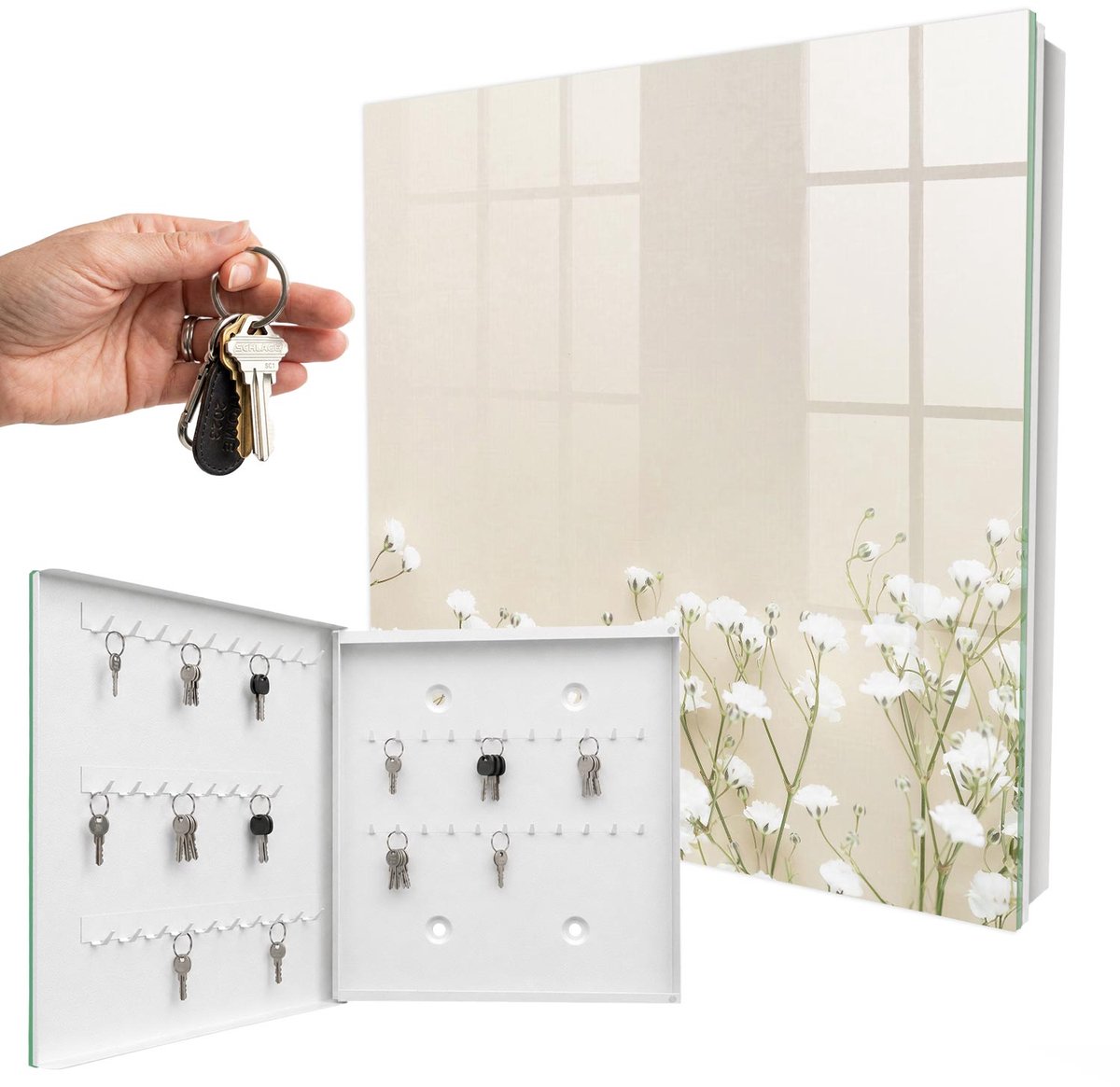 WallMuralia - Sleutelkast - 30x30x5 cm - met 50 haken - Subtiliteit Van Bloemen Sleutelkastje Huis - Beige Sleutelbox - Linksopenend - Wit interieur