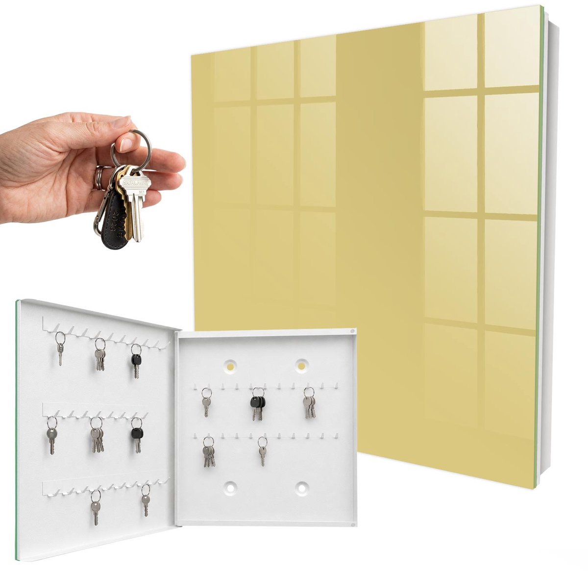 WallMuralia - Sleutelkast - 30x30x5 cm - met 50 haken - Pastelgeel Sleutelkastje Design - Geel Sleutelbox - Linksopenend - Wit interieur