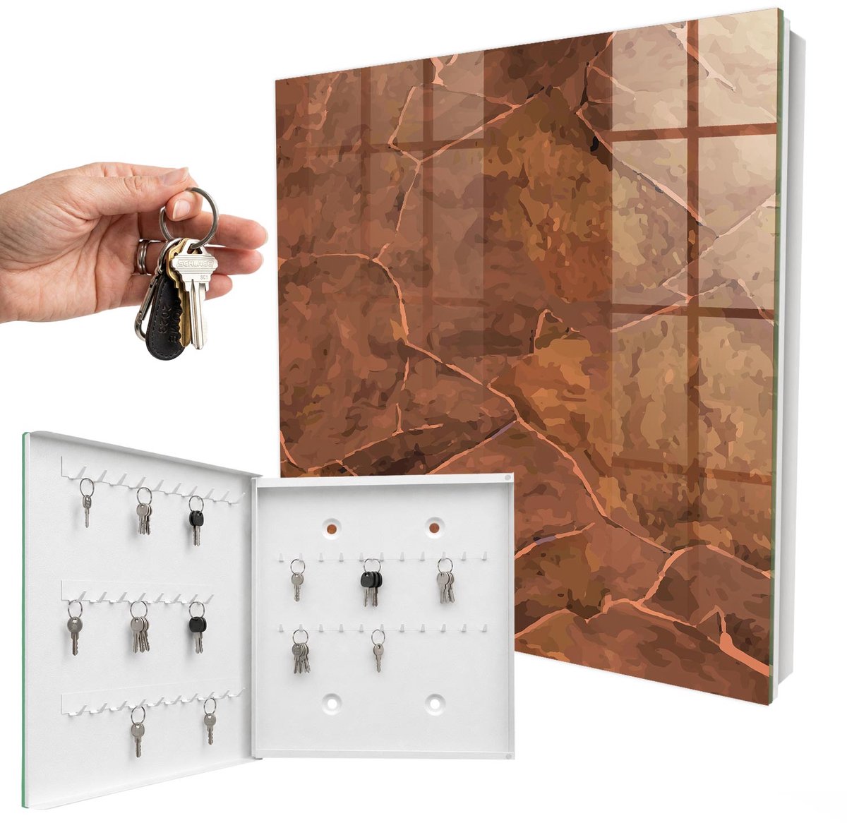 WallMuralia - Sleutelkast - 30x30x5 cm - met 50 haken - Steenstructuur Leuk Sleutelkastje - Bruin Sleutelbox - Linksopenend - Wit interieur