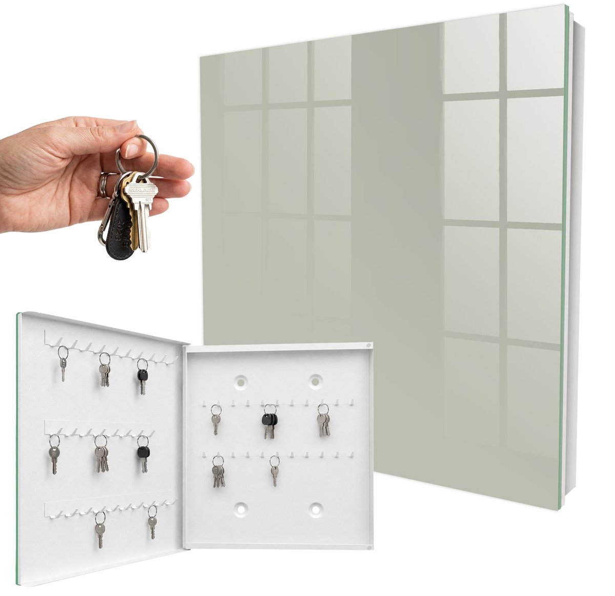WallMuralia - Sleutelkast - 30x30x5 cm - met 50 haken - Warmgrijs Sleutelkastje Design - Grijs Sleutelbox - Linksopenend - Wit interieur