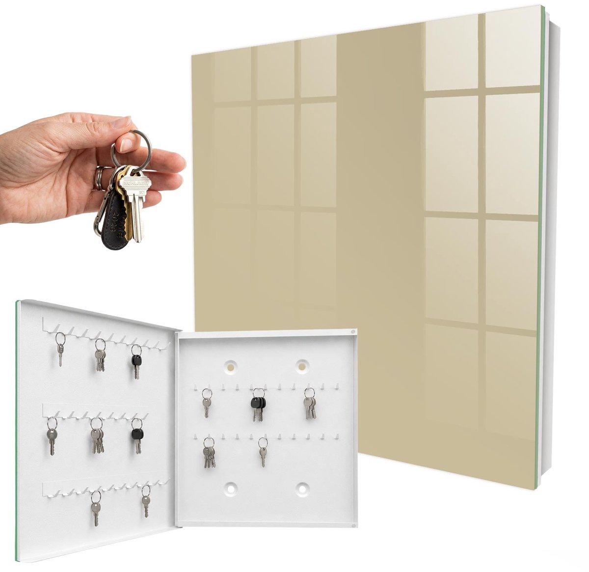 WallMuralia - Sleutelkast - 30x30x5 cm - met 50 haken - Gedempt Bruin Leuk Sleutelkastje - Bruin Sleutelbox - Linksopenend - Wit interieur