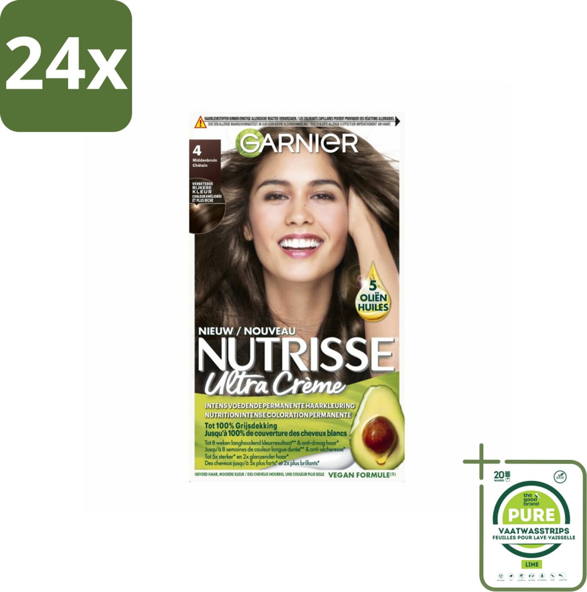 Garnier - Nutrisse Ultra Crème 4 - Haarkleuring - Middenbruin - Intens Voedend - Permanente Kleur - Voordeelverpakking - 24 stuks - Haarverf - Permanente haarkleuring