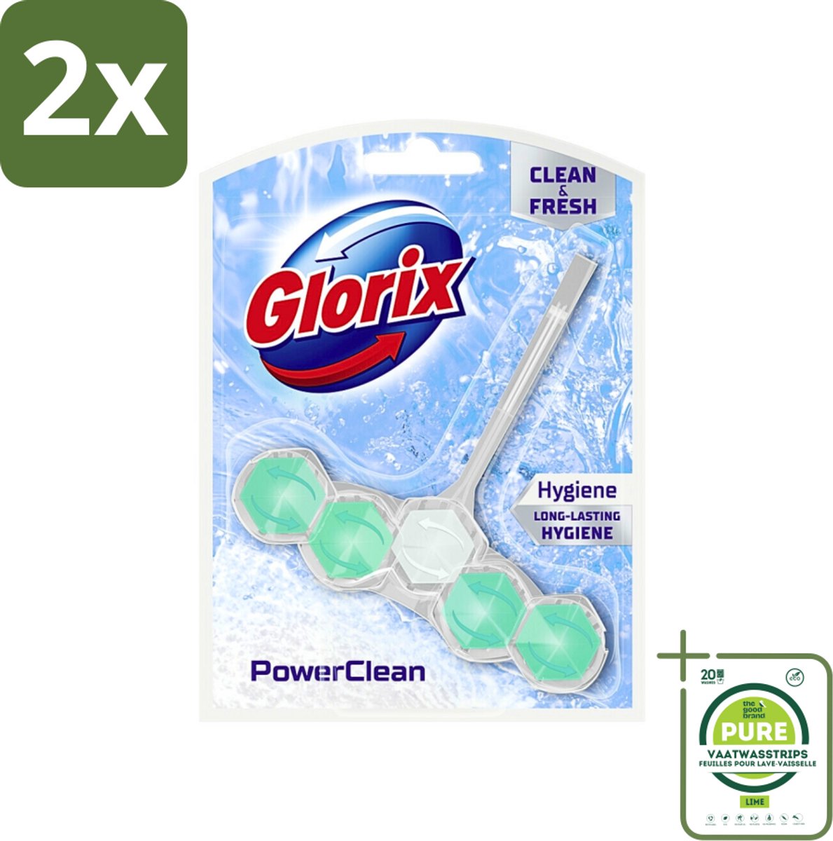 Glorix - Toiletblok - Power Clean Hygiëne - Extra Hygiëne - 1 blok - Voordeelverpakking - 2 stuks - Toilet schoonmaak - Toiletblok