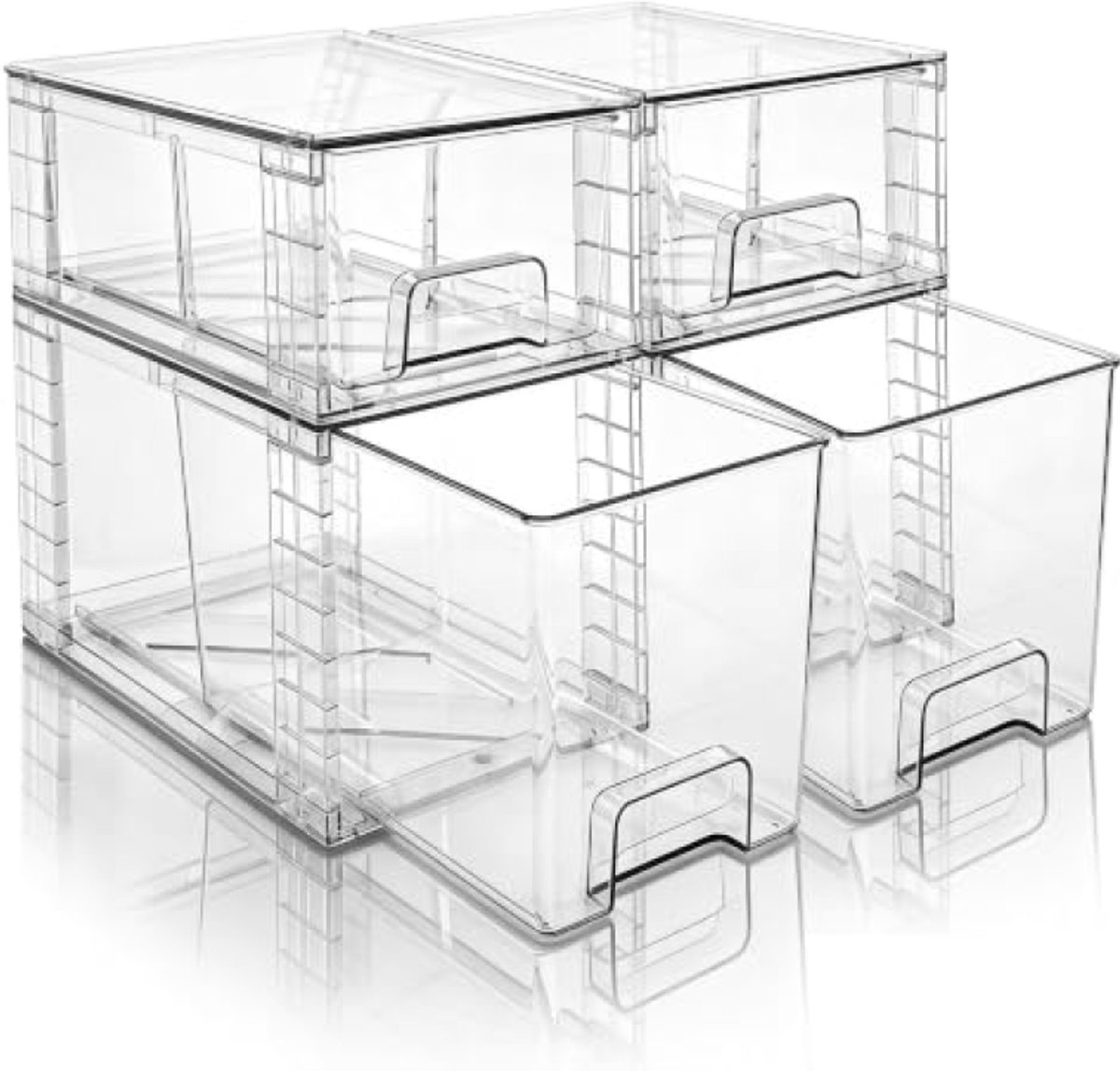 Huis Geluk 4 Stuks Stapelbare Transparante Opberglades, Kunststof Organizers met Handvatten, Eenvoudig Te Monteren, Voor Badkamer, Keuken, Voorraadkast, Kast, Onder Gootsteen