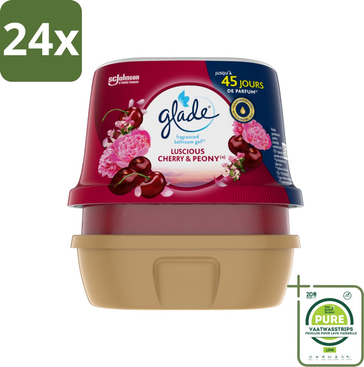 Glade - Badkamer Gel - Luscious Kers & Pioenroos - 180 g - Voordeelverpakking - 24 stuks - Badkamergeur - Geurgel