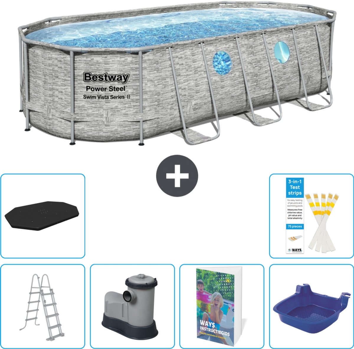 Bestway Ovaal Power Steel Swim Vista Zwembad - Steenprint - 549 x 274 x 122 - Inclusief Pomp - Ladder - Afdekzeil - Voetenbad - 7-delig