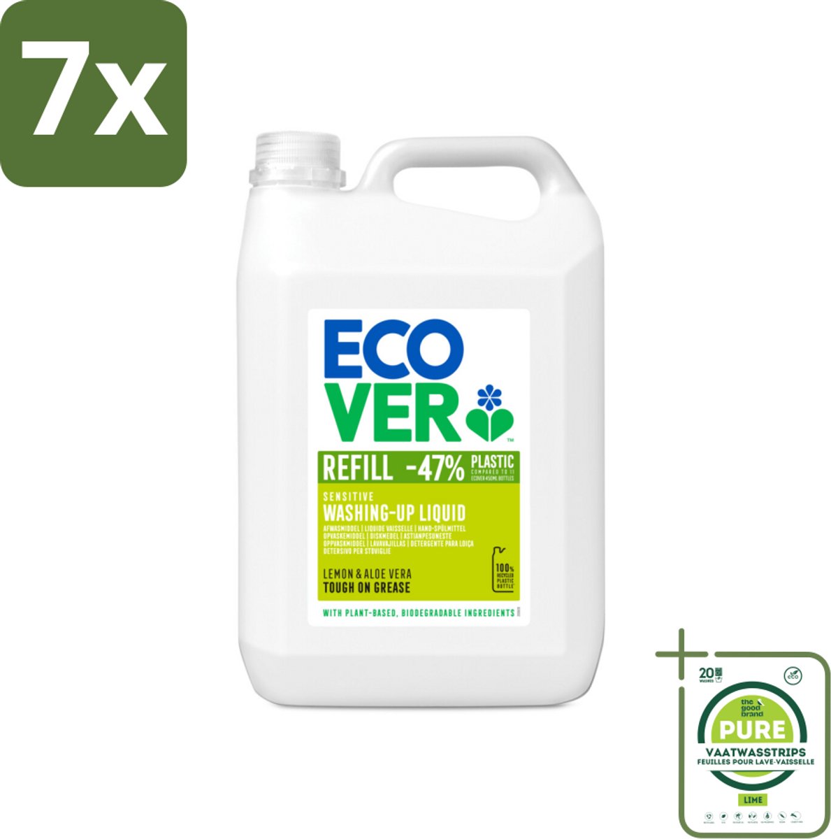 7 x Ecover - Afwasmiddel - Citroen & Aloë Vera - 5 liter - Grootverpakking - Afwasmiddel - Citroen - Aloë Vera - Biologisch Afbreekbaar - Plantaardige Ingrediënten