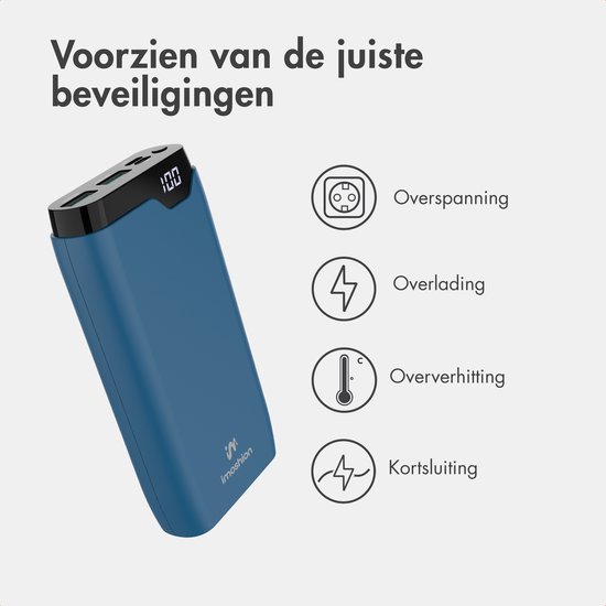 Blauwe powerbank met LED-display en iconen voor overspanning, overbelading, oververhitting en kortsluiting.