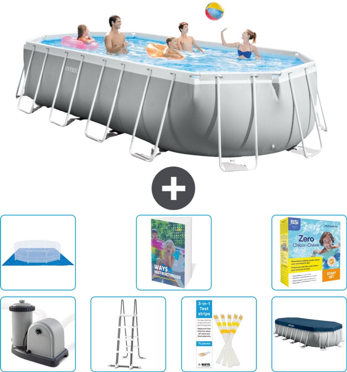 Intex Ovaal Prism Frame Zwembad - 610 x 305 x 122 cm - Grijs - Inclusief Pomp - Ladder - Grondzeil - Afdekzeil - Onderhoudspakket - 8-delig