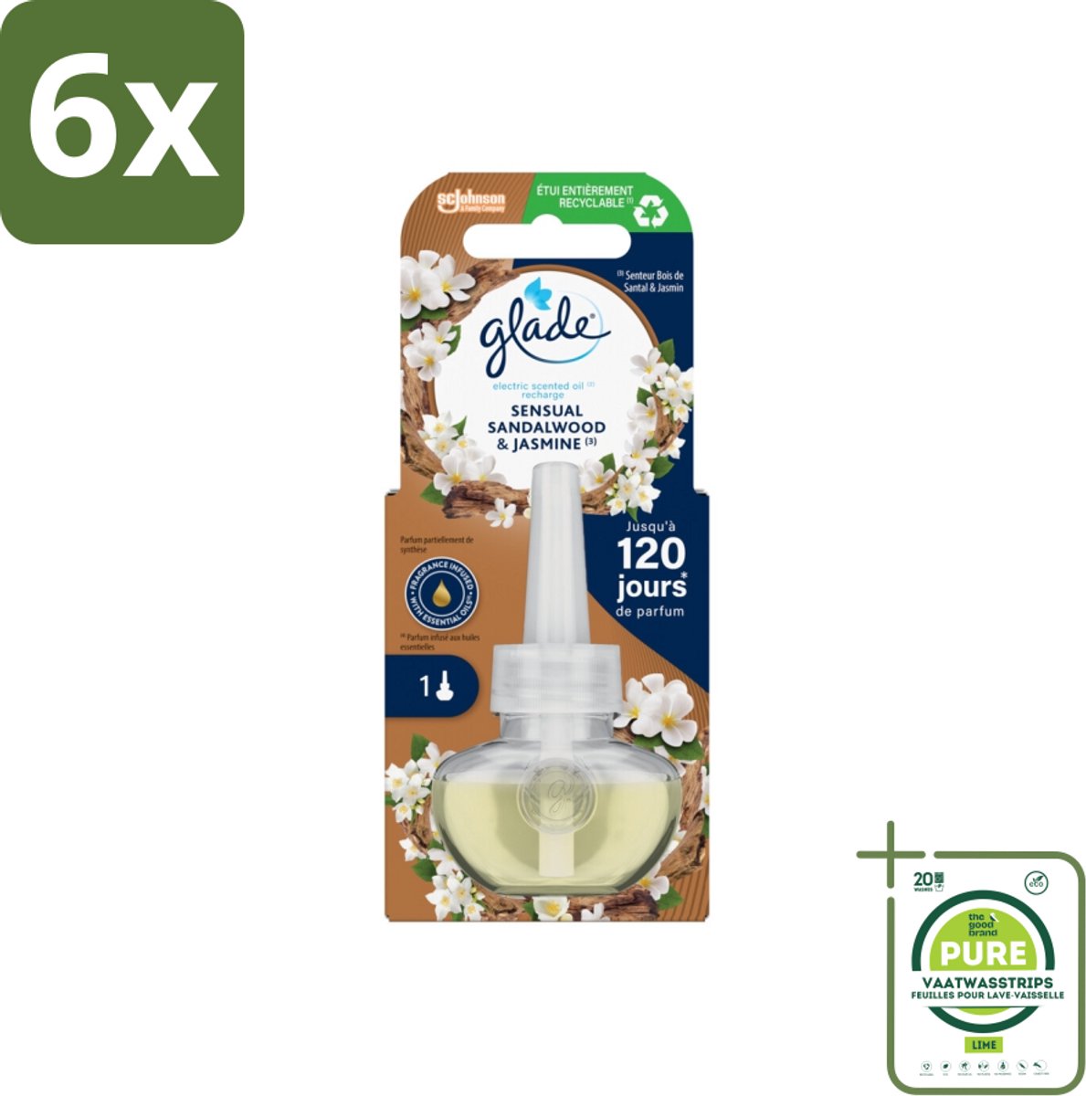 Glade - Navulling Elektrische Olie - Sensual Sandelhout Jasmijn - 20 ml - Voordeelverpakking - 6 stuks - Geurkaars - Elektrische geur