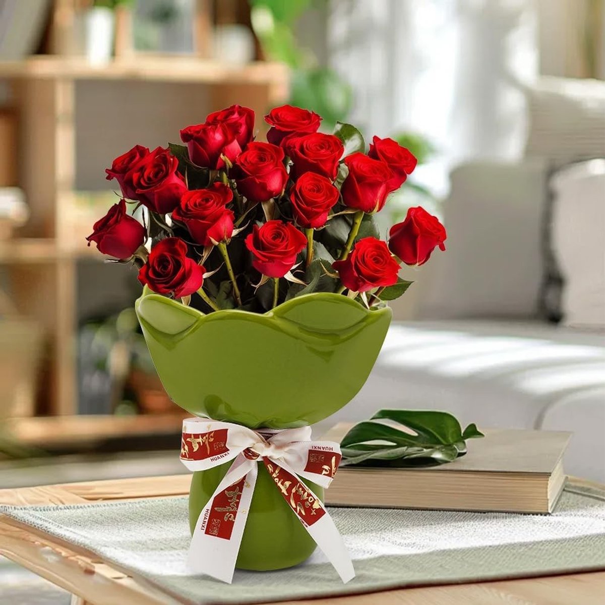 Keramische vaas - Groene bloemenvase - Modern design - Creëert een warme sfeer - ShopVlot
