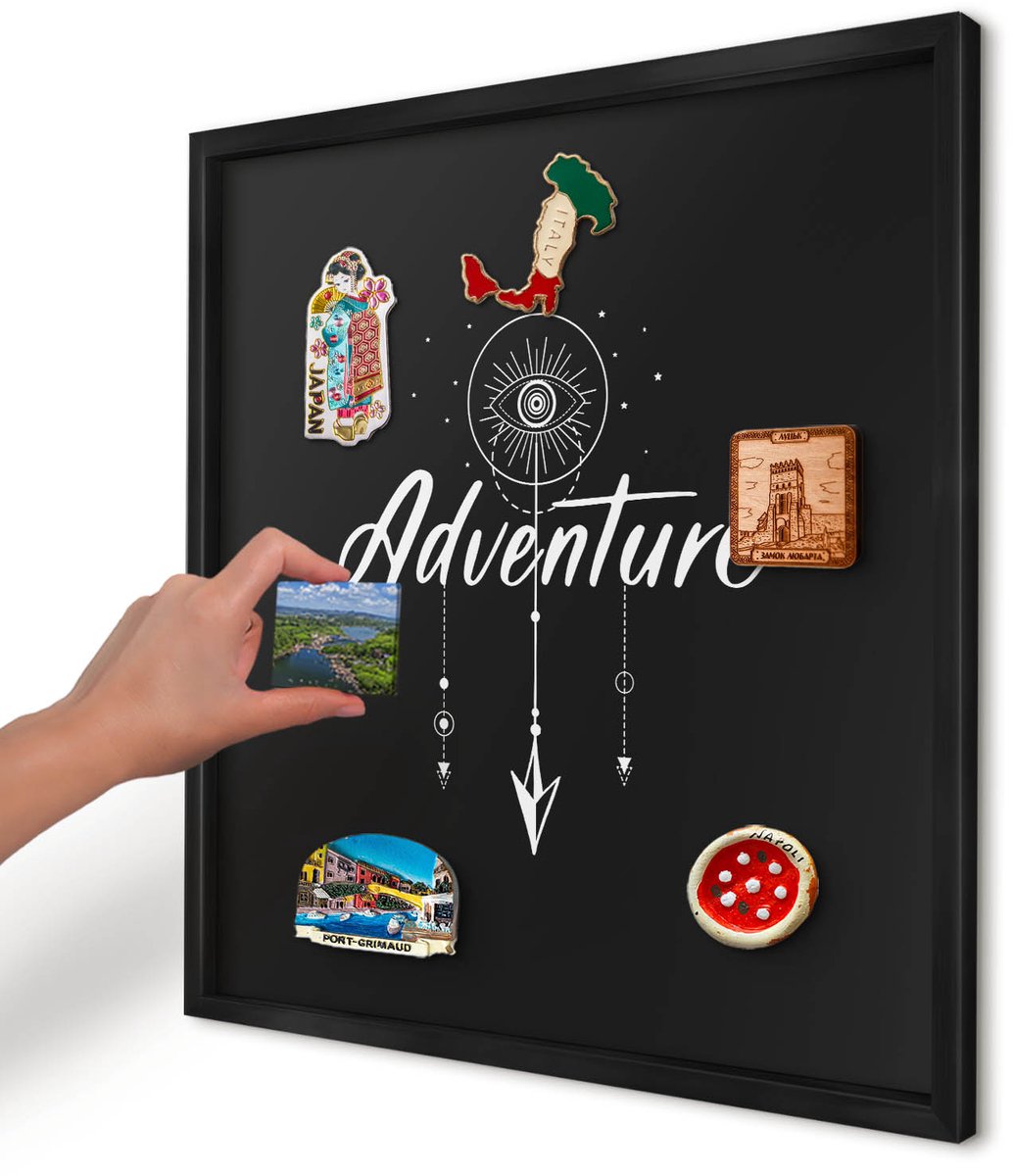 Artprintcave Zwart Magneetbord mit Zwart Frame - 50x50 cm - Avontuur Wacht. Memobord Keuken - Typografisch Bord Voor Magneten - Teksten