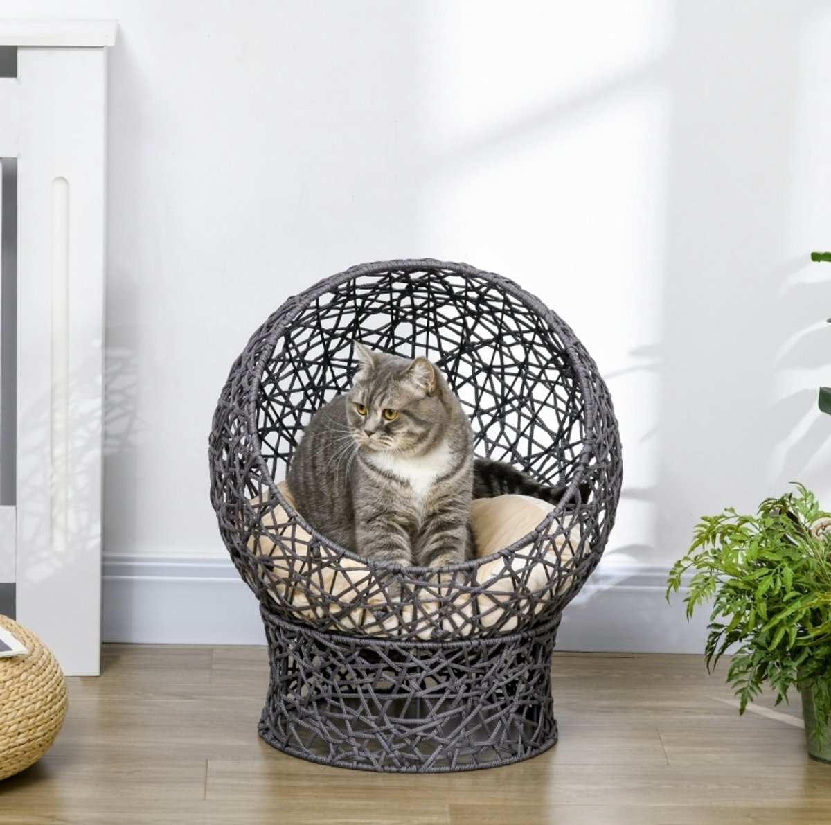 REDOM- Kattenmand / kattenkorf - Ronde kattenhöhle met opstaande basis - Inclusief kussen - Polyester - Grijs - 50 x 50 x 60 cm