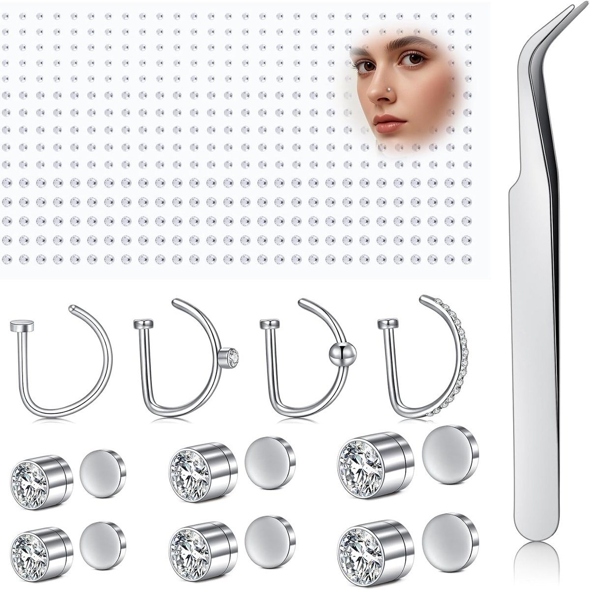 Nep neusring en strass stickers, 18G roestvrij staal magnetische