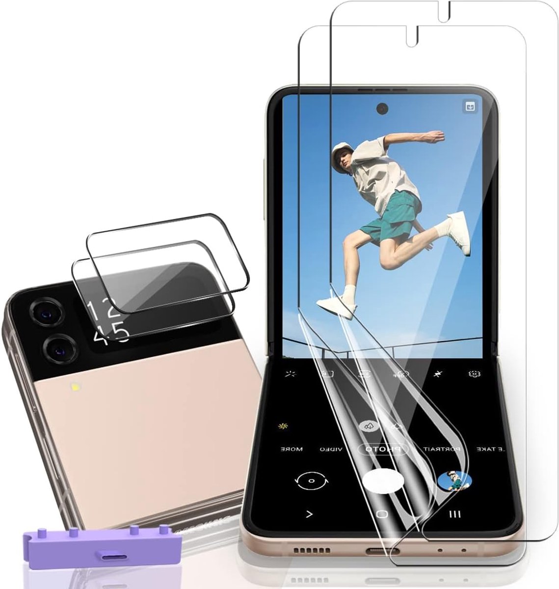 Displaybeschermfolie voor Samsung Galaxy Z Flip 4, 2 stuks Flexibele TPU Film + 2 stuks glazen displaybescherming aan de achterkant, krasbestendige HD Film