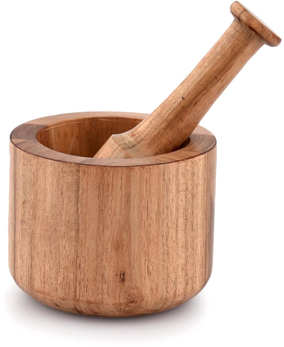 Acacia Hout Mortier en Stamper voor Knoflook Peper Kruid Crusher Keukengerei, Housewarming Gift Mortel grootte (Cm): 10.16cm x 7.62cm Pestel Size (CM): 13.97cm