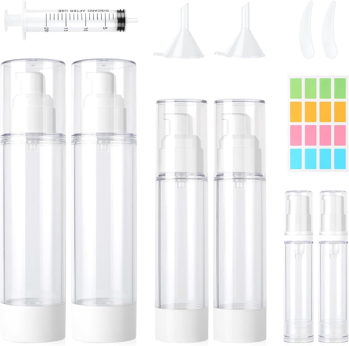 Set van 6 Lege Airless Pompen voor Crème en Shampoo - 100ml, 50ml, 10ml - Vulbare Vacuüm Dispenser met Spatel en Trekker voor Reizen en Cosmetica