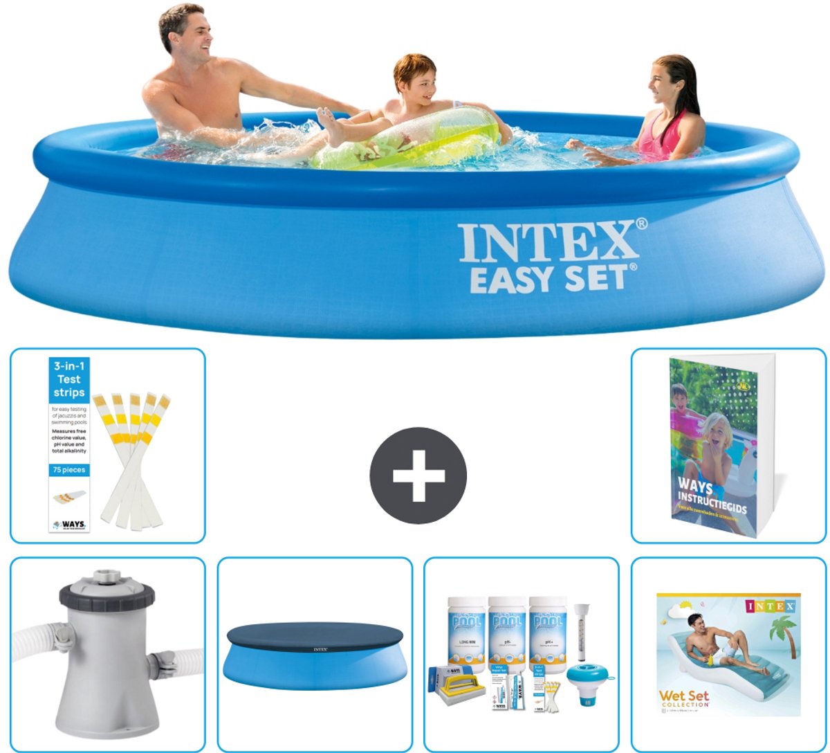 Intex Rond Opblaasbaar Easy Set Zwembad - 305 x 61 cm - Blauw - Inclusief Pomp - Afdekzeil - Onderhoudspakket - Loungebed - 7-delig