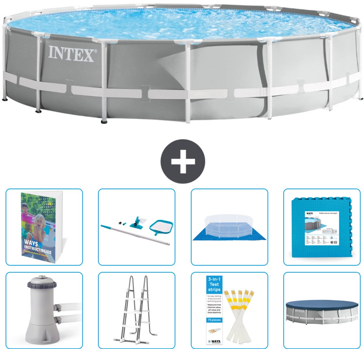 Intex Rond Prism Frame Zwembad - 457 x 107 cm - Grijs - Inclusief Pomp - Ladder - Grondzeil - Afdekzeil - Schoonmaakset - Vloertegels - 9-delig