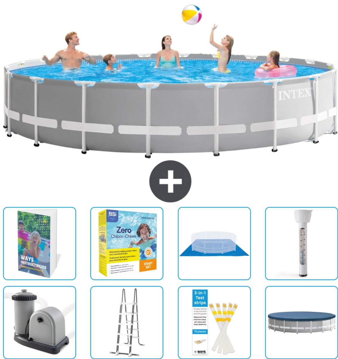 Intex Rond Prism Frame Zwembad - 610 x 132 cm - Grijs - Inclusief Pomp - Ladder - Grondzeil - Afdekzeil - Onderhoudspakket - Thermometer - 9-delig