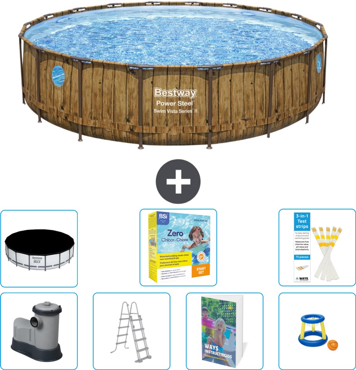 Bestway Rond Power Steel Swim Vista Zwembad - Houtprint - 549 x 122 - Inclusief Pomp - Ladder - Afdekzeil - Onderhoudspakket - Speelgoed - 8-delig