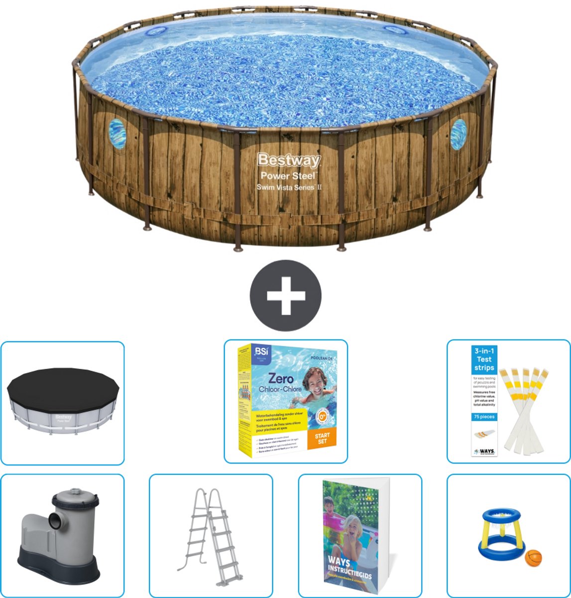 Bestway Rond Power Steel Swim Vista Zwembad - Houtprint - 488 x 122 - Inclusief Pomp - Ladder - Afdekzeil - Onderhoudspakket - Speelgoed - 8-delig