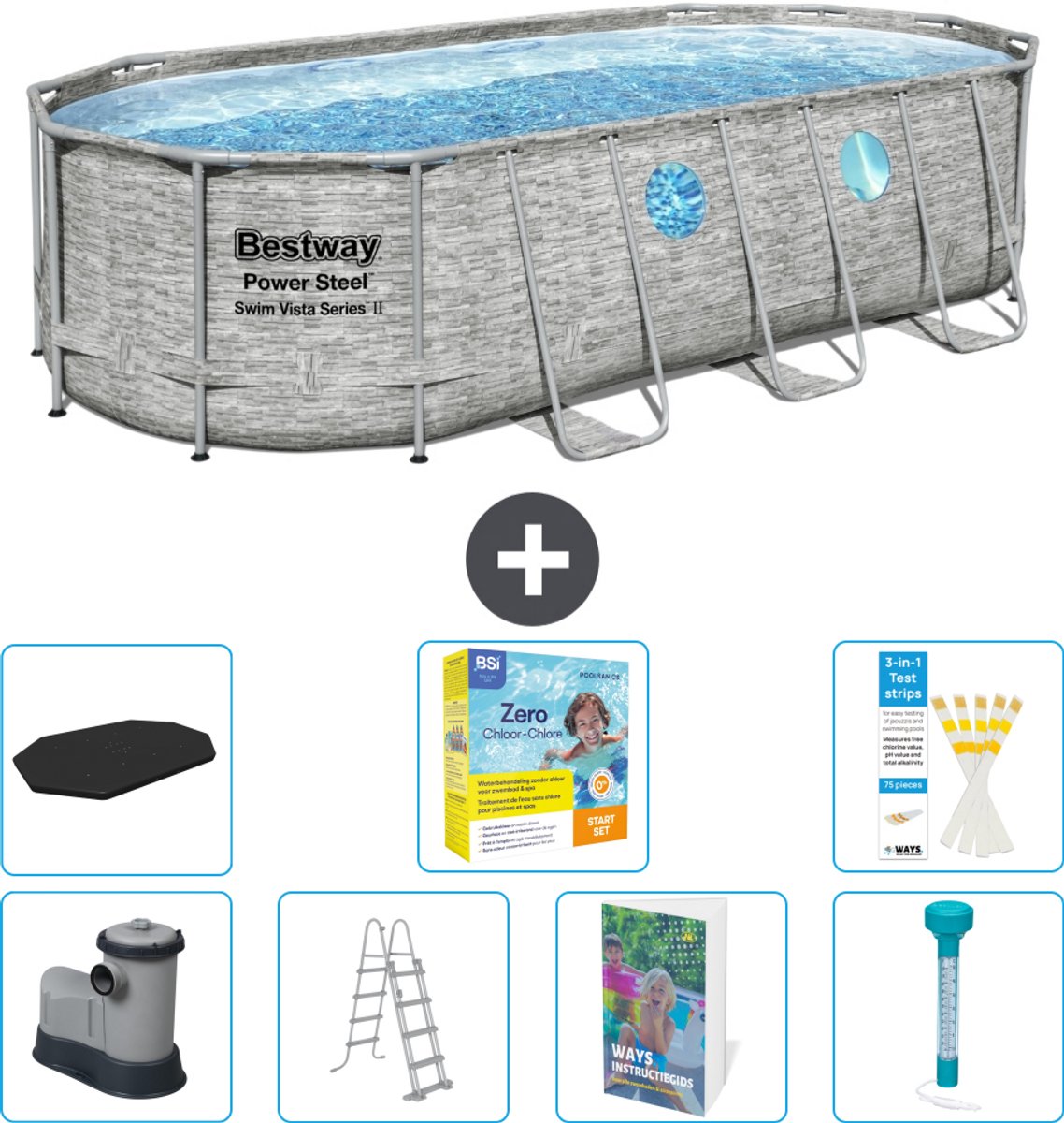 Bestway Ovaal Power Steel Swim Vista Zwembad - Steenprint - 549 x 274 x 122 - Inclusief Pomp - Ladder - Afdekzeil - Onderhoudspakket - Thermometer - 8-delig