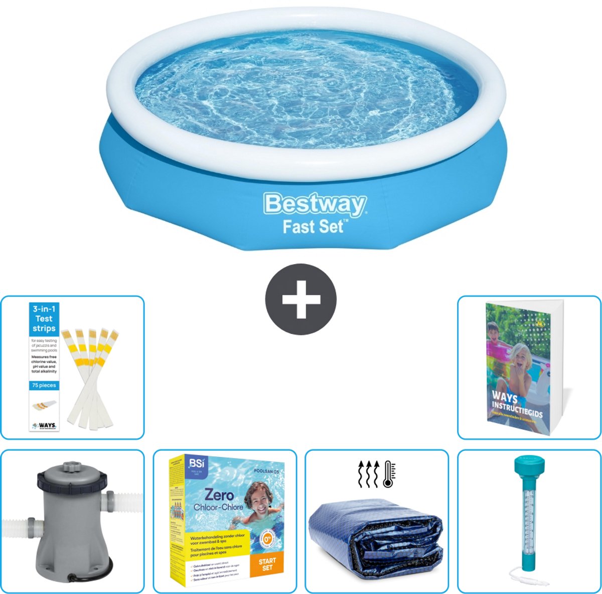 Bestway Rond Opblaasbaar Fast Set Zwembad - 305 x 66 cm - Blauw - Inclusief Pomp - Onderhoudspakket - Solarzeil - Thermometer - 7-delig