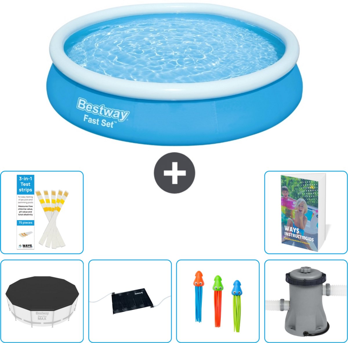 Bestway Rond Opblaasbaar Fast Set Zwembad - 366 x 76 cm - Blauw - Inclusief Afdekzeil - Solar Mat - Speelgoed - Zwembadfilterpomp - 7-delig