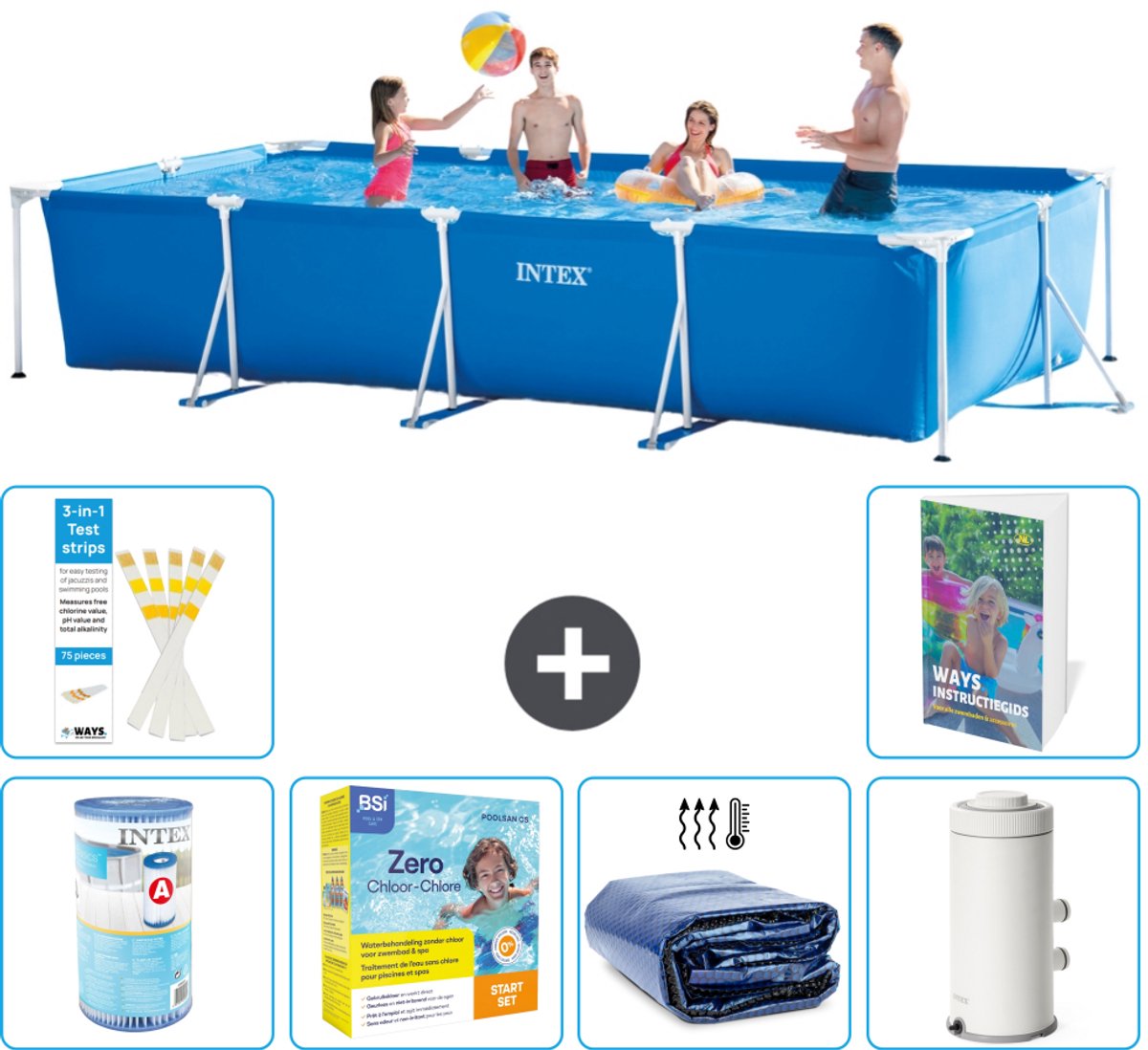 Intex Rechthoekig Frame Zwembad - 450 x 220 x 84 cm - Blauw - Inclusief Filter - Onderhoudspakket - Solarzeil - Zwembadfilterpomp - 7-delig