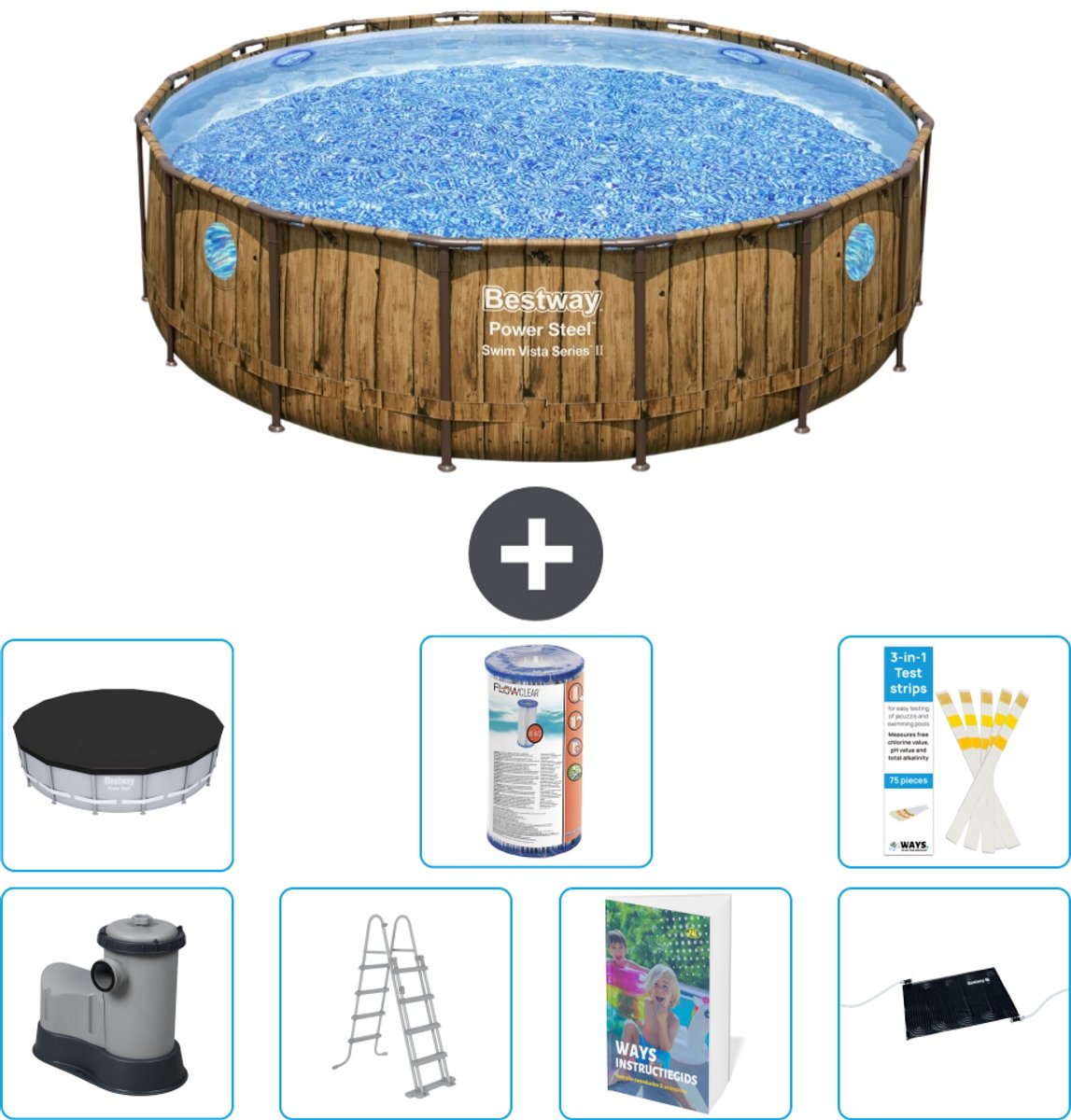 Bestway Rond Power Steel Swim Vista Zwembad - Houtprint - 488 x 122 - Inclusief Pomp - Ladder - Afdekzeil - Filter - Solar Mat - 8-delig